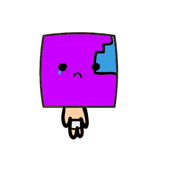 a cartoon drawing of a purple square with a blue face and a hand