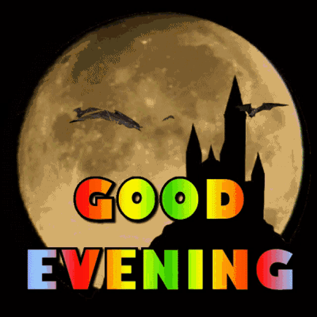 a poster that says good evening with a full moon and bats