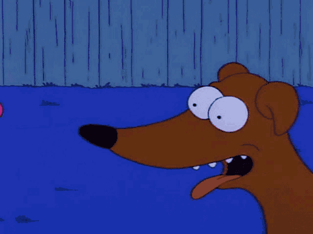 a cartoon dog is looking at a pink frisbee on a blue carpet .