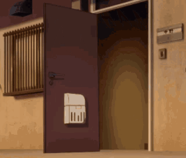 a brown door with a white mailbox on the side of it