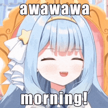 a picture of a girl with blue hair and the words awawawa morning