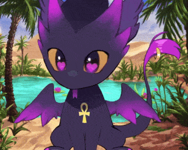 a black and purple dragon with an ankh necklace on its neck