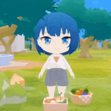a cartoon girl with blue hair is standing next to a basket of fruits and vegetables