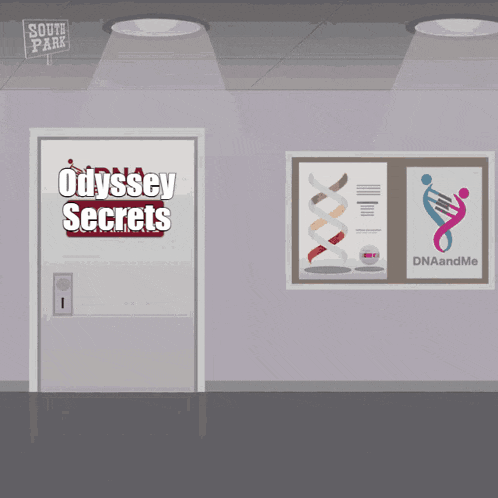an illustration of a room with a door that says odyssey secrets on it