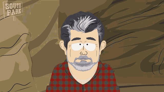 a cartoon drawing of a man with a sign that says south park on it