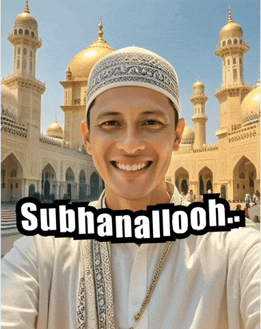 a man is smiling in front of a mosque with the words subhanallooh written above him
