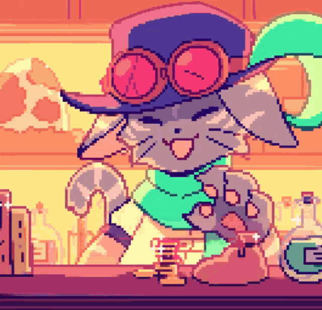 a pixel art drawing of a cat with a hat and goggles