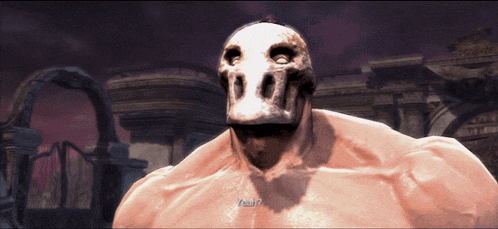 a video game character with a skull mask says yeah ?