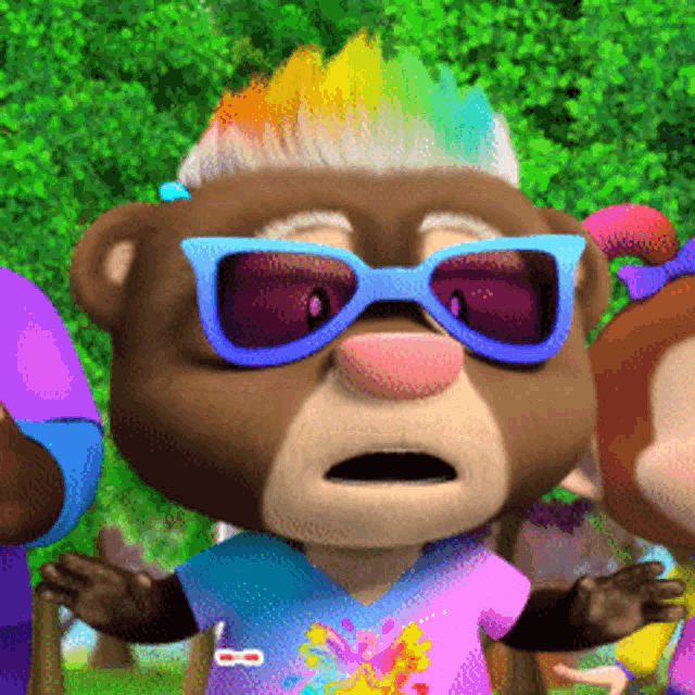 a cartoon bear wearing sunglasses and a rainbow mohawk stands in a park