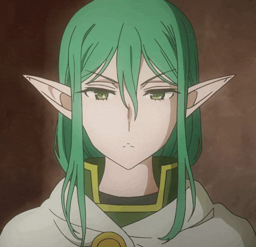 a girl with green hair and elf ears