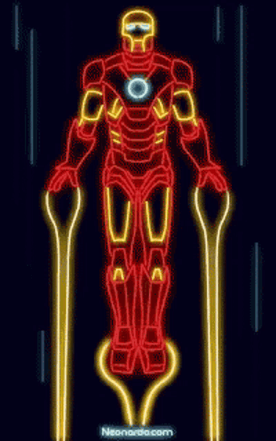 a neon sign of iron man flying through the air .