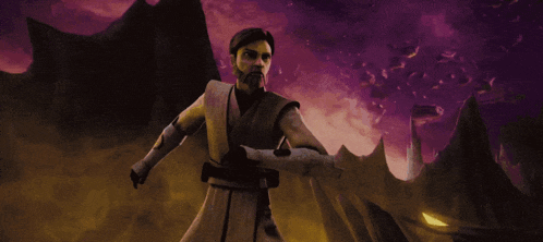 a cartoon character is holding a purple light saber