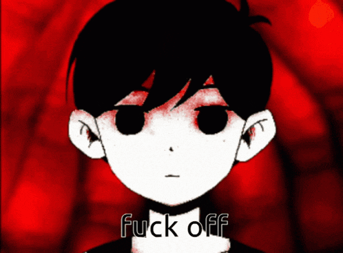 a black and white drawing of a boy with red eyes and the words fuck off on the bottom