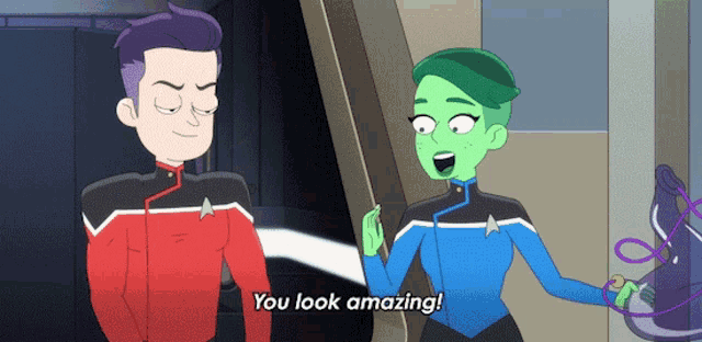 a man and a woman are standing next to each other and the man says you look amazing