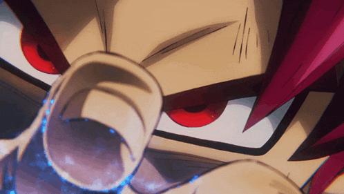 a close up of a person with red eyes