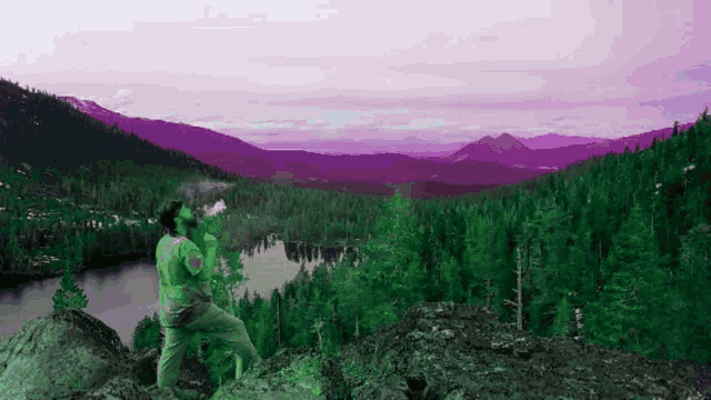 a man is standing on a rock overlooking a lake