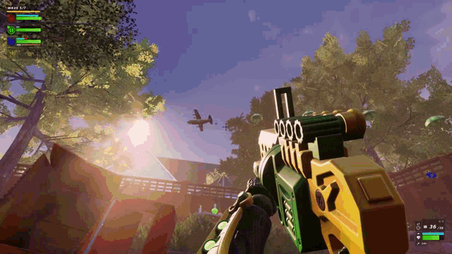 a screenshot of a video game with a plane flying overhead
