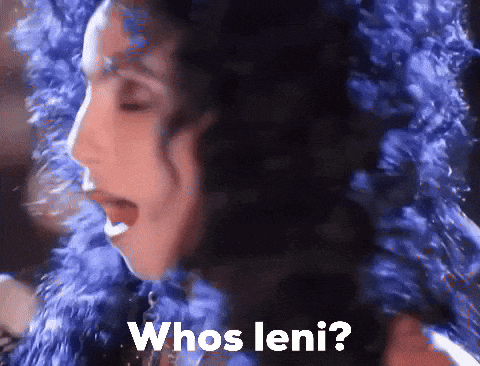 a close up of a woman with blue hair and the words whos leni