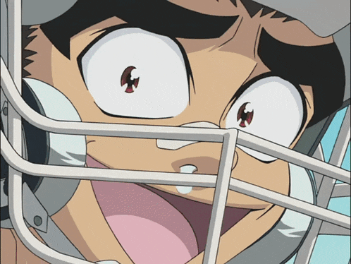 a cartoon character is wearing a baseball helmet with his mouth open