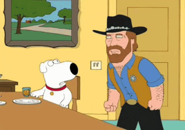a man in a cowboy hat stands next to a dog