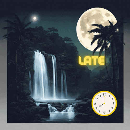 a waterfall at night with a full moon and the word late