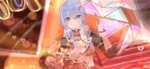 a girl with blue hair is standing in front of a piano and hearts .