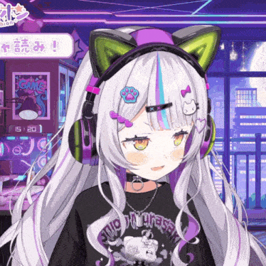 a girl wearing headphones and a t-shirt that says ' game '