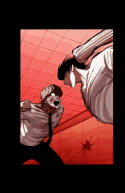 two men are fighting each other in a red room