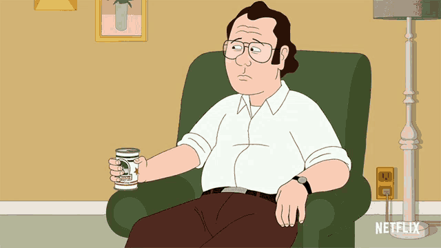 a cartoon man is sitting in a chair holding a can of pabst blue ribbon beer