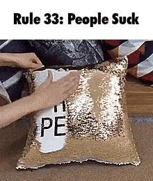 a person is holding a pillow that says people suck on it .