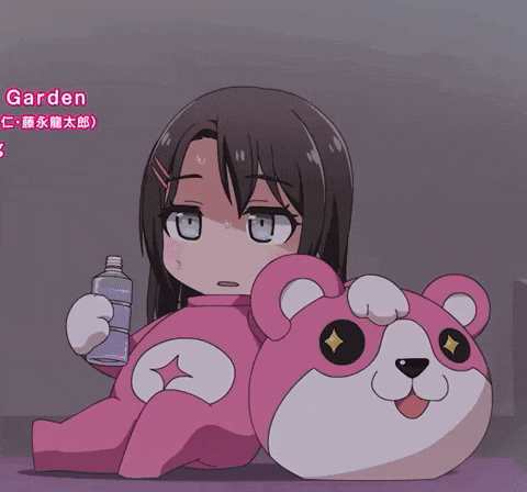 a girl is wearing a pink teddy bear costume and holding a bottle of water on her head .