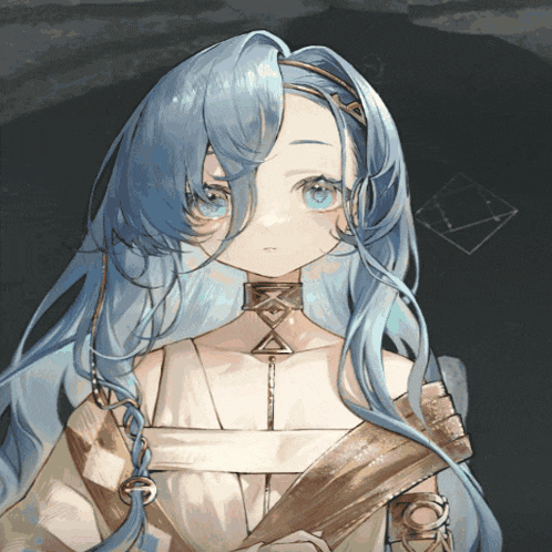 a drawing of a girl with blue hair and a triangle necklace