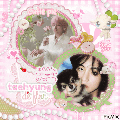 a collage of taehyung and a dog with the words cutie pie for you