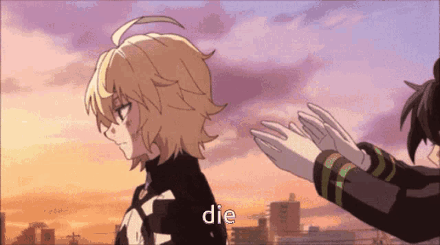 a couple of anime characters are standing next to each other and one of them says " die "