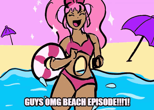 a cartoon of a girl in a bikini on the beach with the caption guys omg beach episode