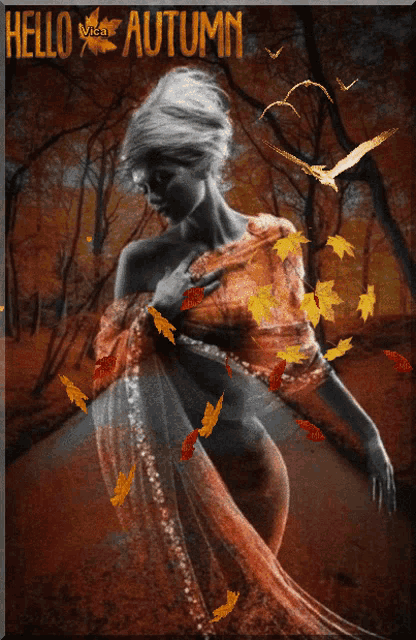 a painting of a woman with the words hello autumn written above her