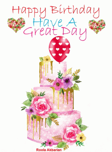 a birthday card with a pink cake and a red balloon