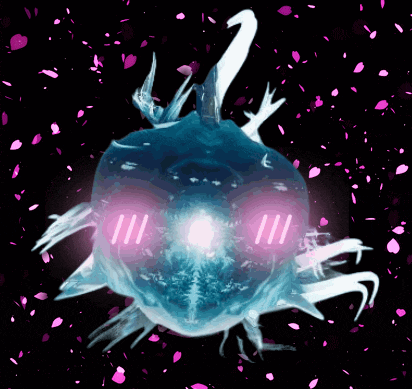 a blue object with pink eyes and a light in the middle