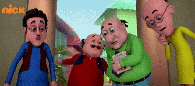 a group of cartoon characters standing next to each other in front of a building .