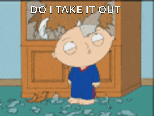 a cartoon character says do i take it out in front of a smashed cabinet