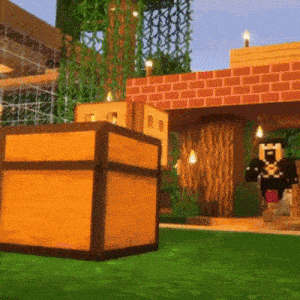a minecraft character standing in front of a wooden chest