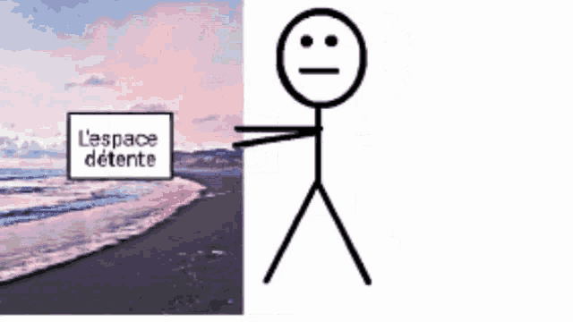 a stick figure is holding a sign that says l' espace detente