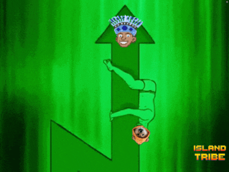 a green arrow pointing up with the island tribe written on the bottom
