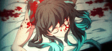 a person with blue hair is laying on a bed with blood coming out of their head
