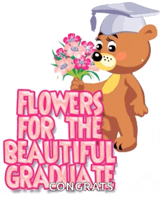 a teddy bear wearing a graduation cap is holding flowers .