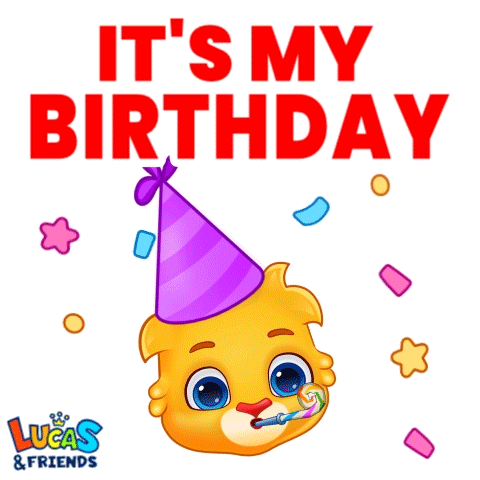 a lucas and friends sticker with a cat wearing a party hat and blowing a party horn