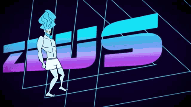 a cartoon character is standing in front of a neon sign that says " zeus "