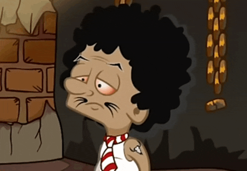 a cartoon of a man with curly hair and a tattoo on his arm