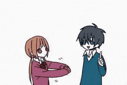a cartoon of a boy and a girl hugging each other with their hands in the air .