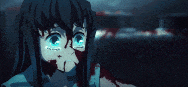 a blue haired anime character with blood on his face